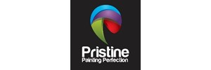 Pristine Painting Perfection text in white on black background. Green, red, blue and purple bubble above 