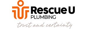 RescueU Plumbing in black. outline of pipe in orange. trust and certainty below in grey cursive 