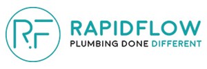 Rapid Flow, plumbing done different text. Green RF logo to the left 