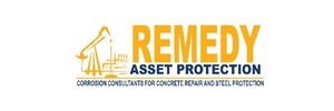 Remedy Asset Protection text in blue and yellow. Image of crane and ship to the left 