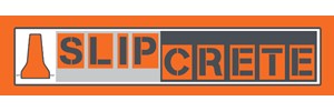 SLIP CRETE in grey text with orange tiles behind