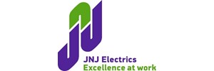 JNJ letters in purple and green. JNJ electrics in purple, Excellence at work in green. 