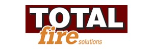 Total Fire Solutions in white, orange text. Red background 