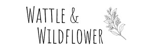 Wattle & Wildflower in black, image of wattle above 