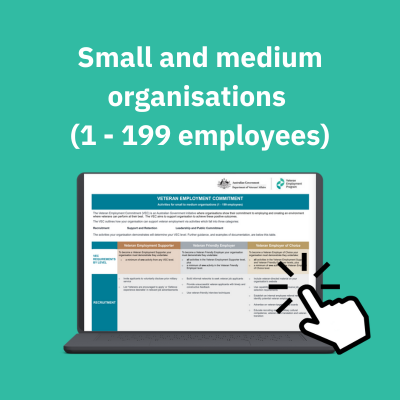 Text: Small and medium organisations (1-199 employees) Picture: finger clicking on a laptop