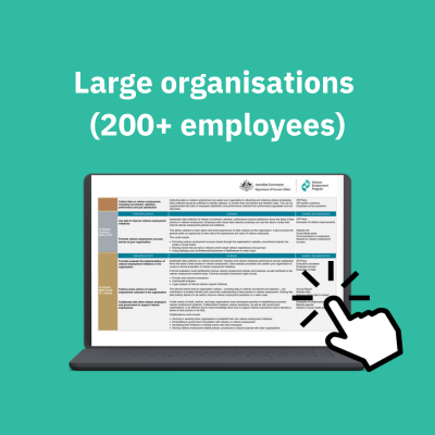 Text: Large organisations (200+ employees) Picture: finger clicking on a laptop screen