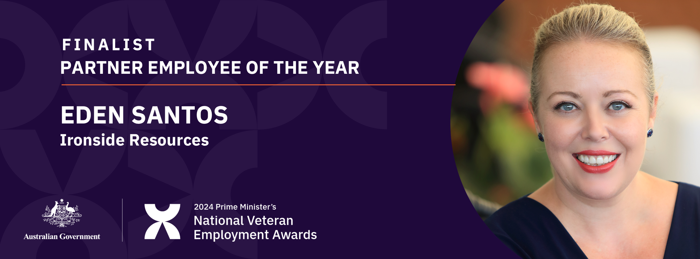 White text on dark purple background: Finalist Partner Employee of the year - Eden Santos, Ironside Resources - with a headshot of a blonde, smiling woman in a black top