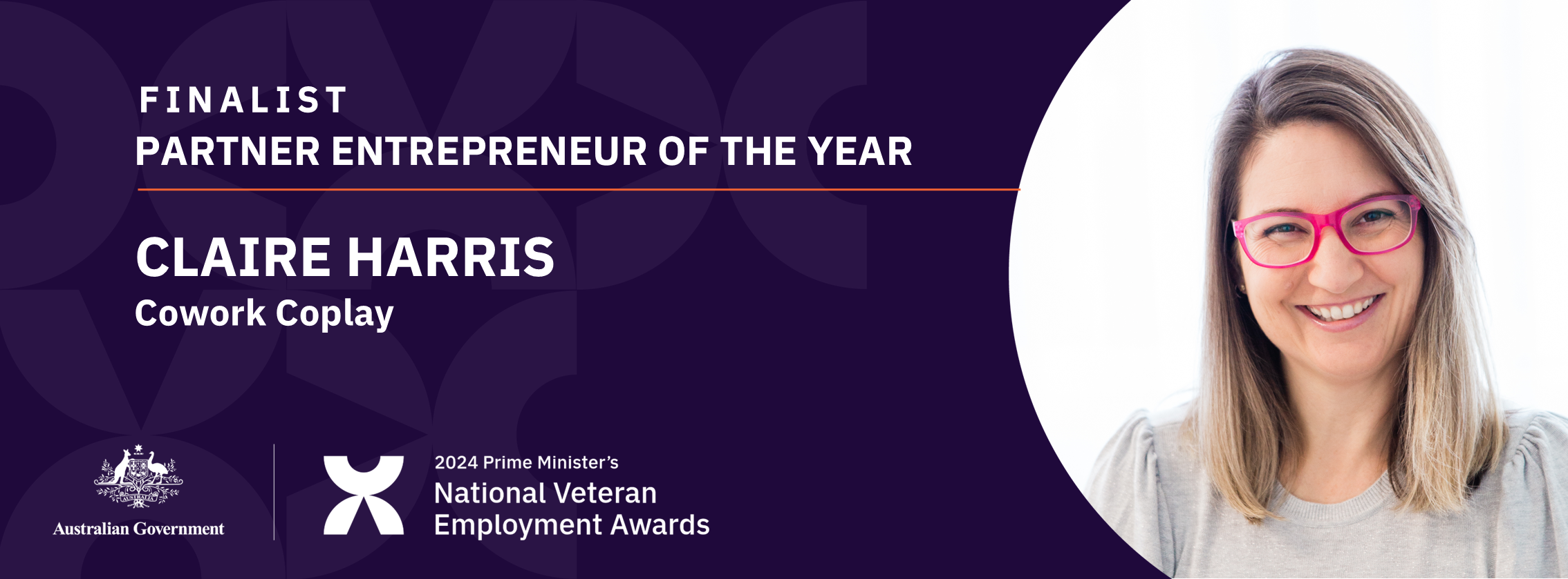 White text on dark purple background: Finalist Partner Entrepreneur of the year - Claire Harris, Cowork Coplay - with a headshot of a smiling blonde woman in pink glasses and a grey top