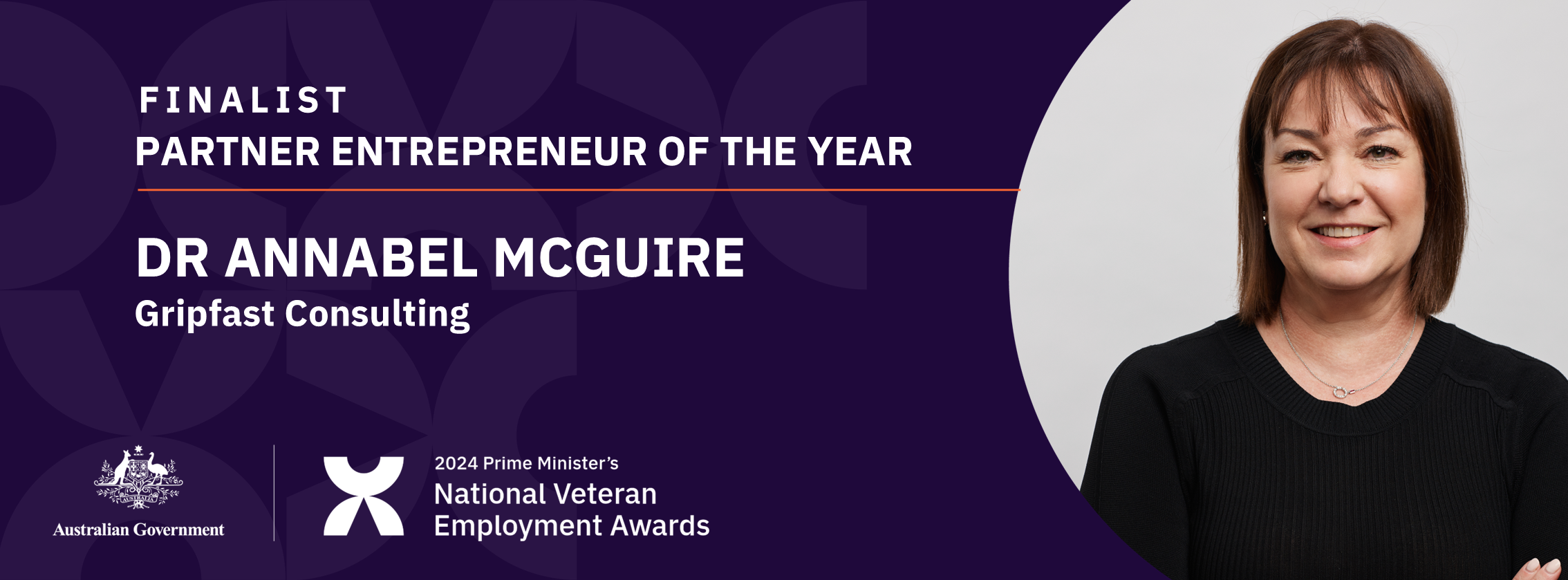 White text on dark purple background: Finalist Partner Entrepreneur of the year - Dr Annabel McGuire, Gripfast Consulting - with a headshot of a smiling dark-haired woman in a black top