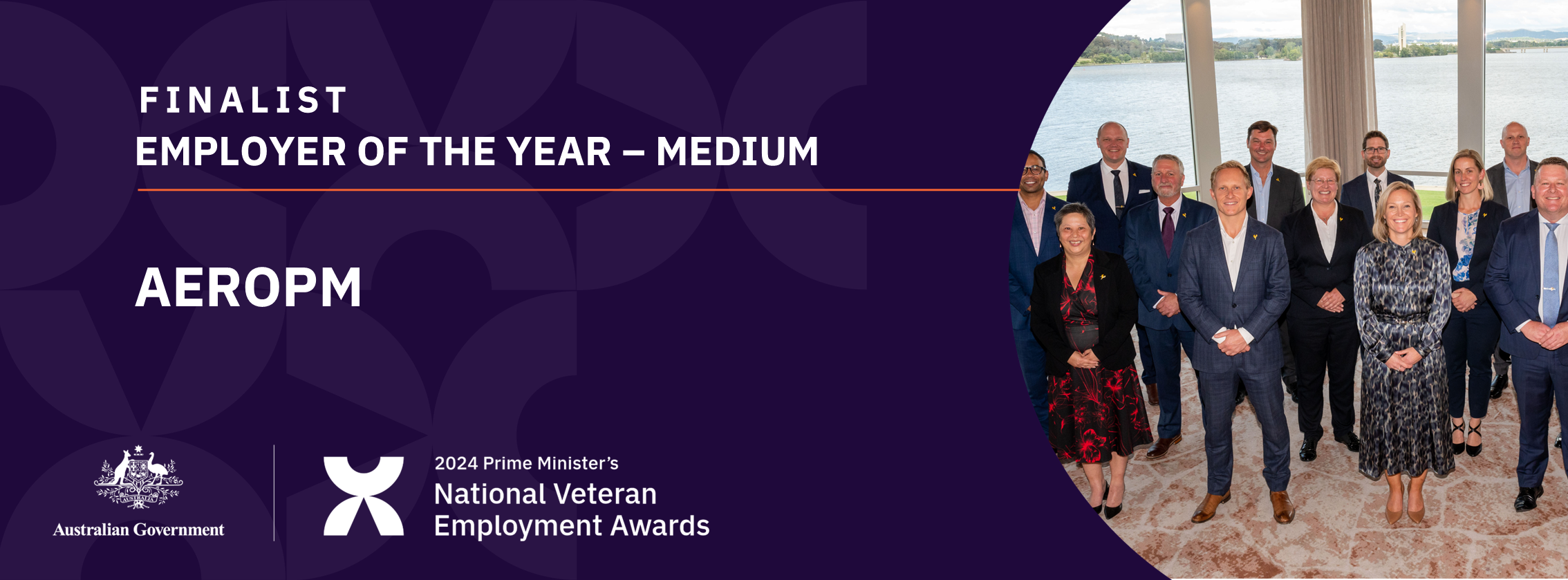 White text on dark purple background: Finalist Employer of the year - medium - AeroPM - with a photo of three rows of people standing in front of a window with a lake view