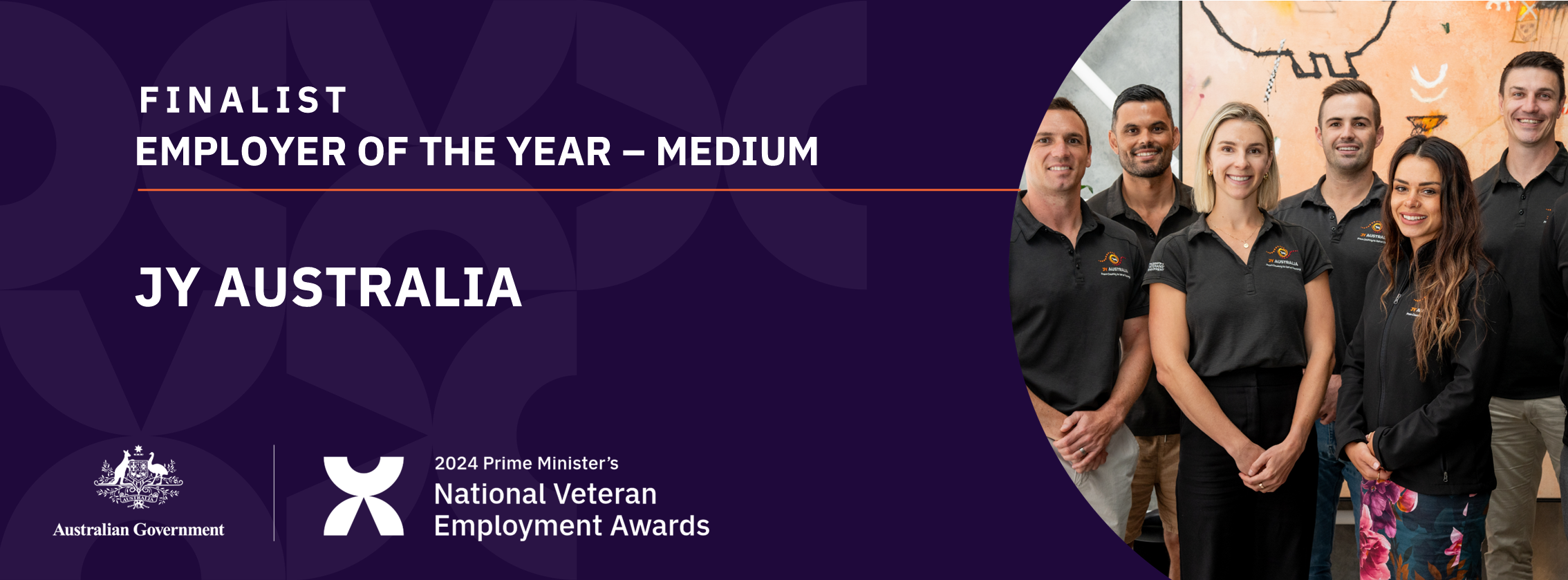 White text on dark purple background: Finalist Employer of the year - medium - JY Australia - with a photo of six people in black tops with matching JY Australia logos