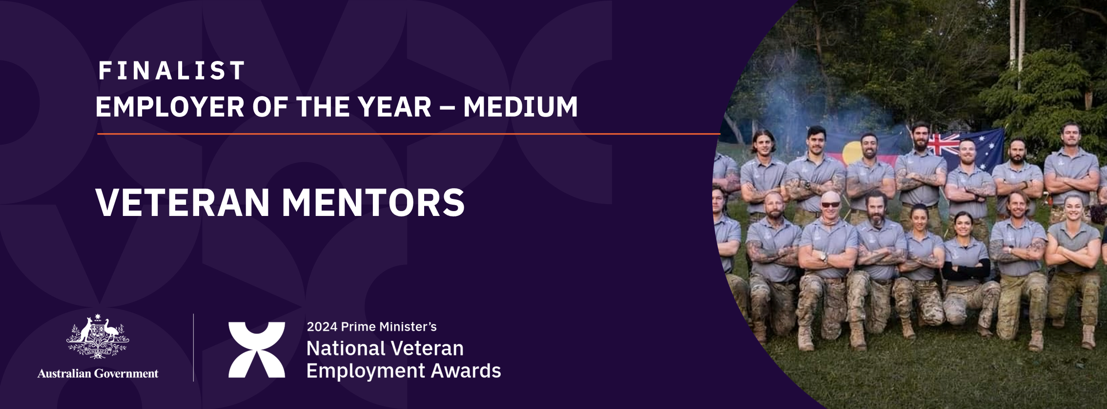 White text on dark purple background: Finalist Employer of the year - medium - Veteran Mentors - with a photo of two rows of people in matching polos and camo trousers