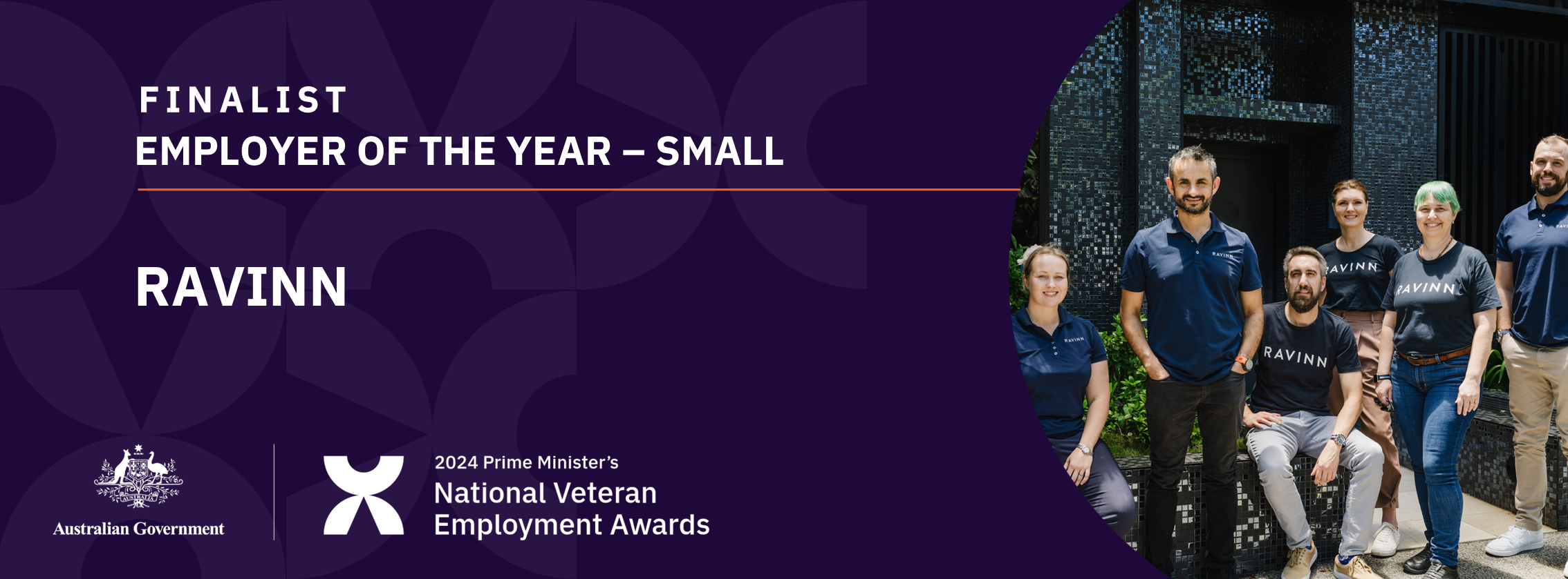 White text on dark purple background: Finalist Employer of the year - small - Ravinn - with a photo of a group of people sitting and standing in jeans and matching Ravinn t-shirts