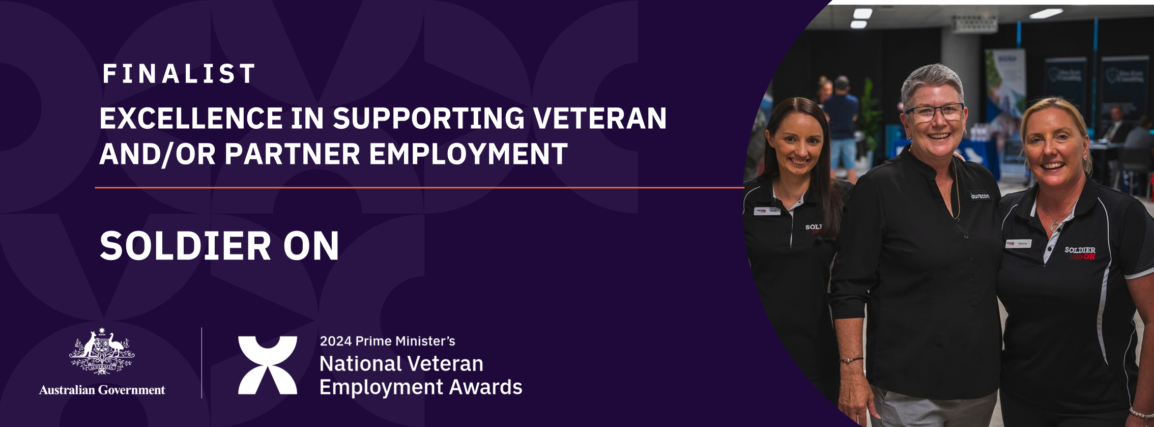 White text on dark purple background: Finalist Excellence in supporting veteran and/or partner employment - Soldier On - with a photo of a three people in matching Soldier On polo shirts