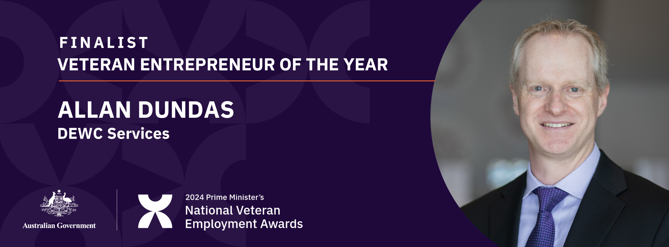 White text on dark purple background: Finalist Veteran Entrepreneur of the year - Allan Dundas, DEWC Services - with a headshot of a smiling white man in a suit and tie