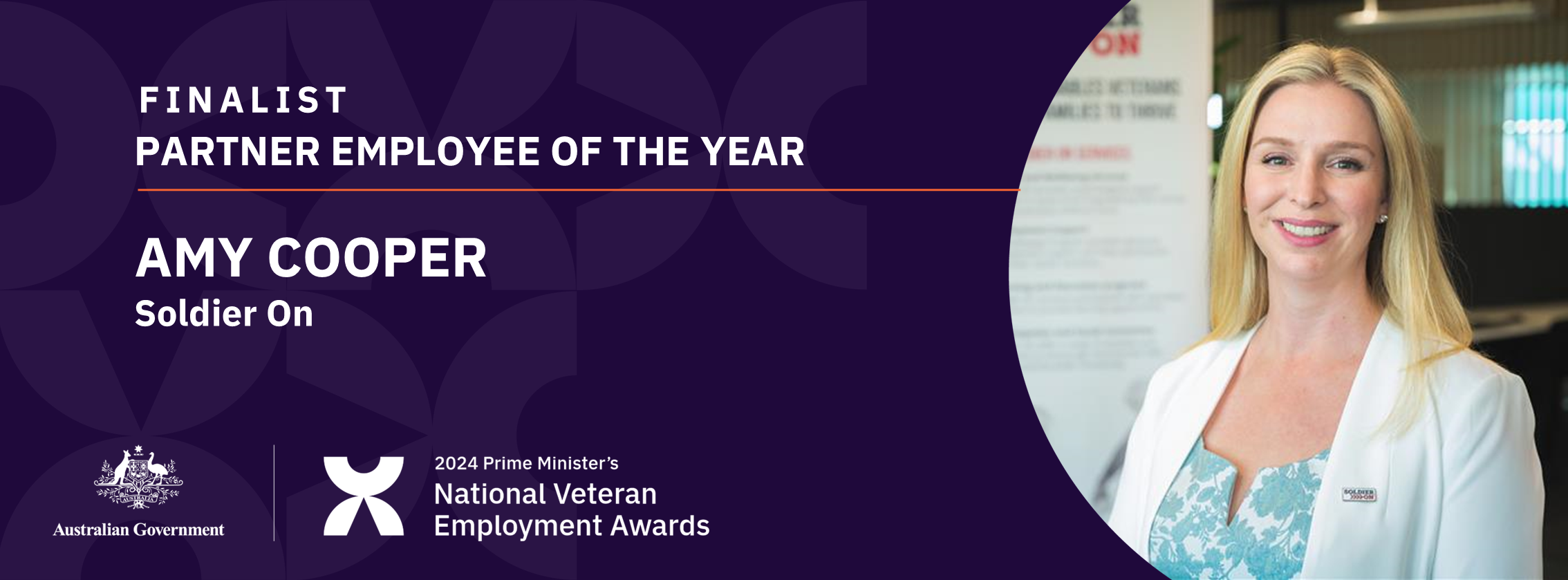 White text on dark purple background: Finalist Partner Employee of the year - Amy Cooper, Soldier On - with a headshot of a blonde, smiling woman in a blue and white top and white blazer