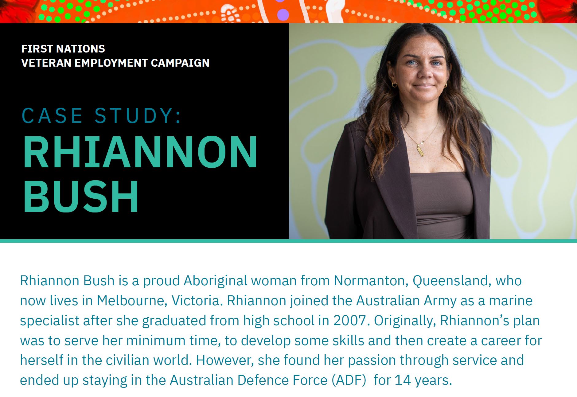 Text: First Nations veteran employment campaign - Case study: Rhiannon Bush