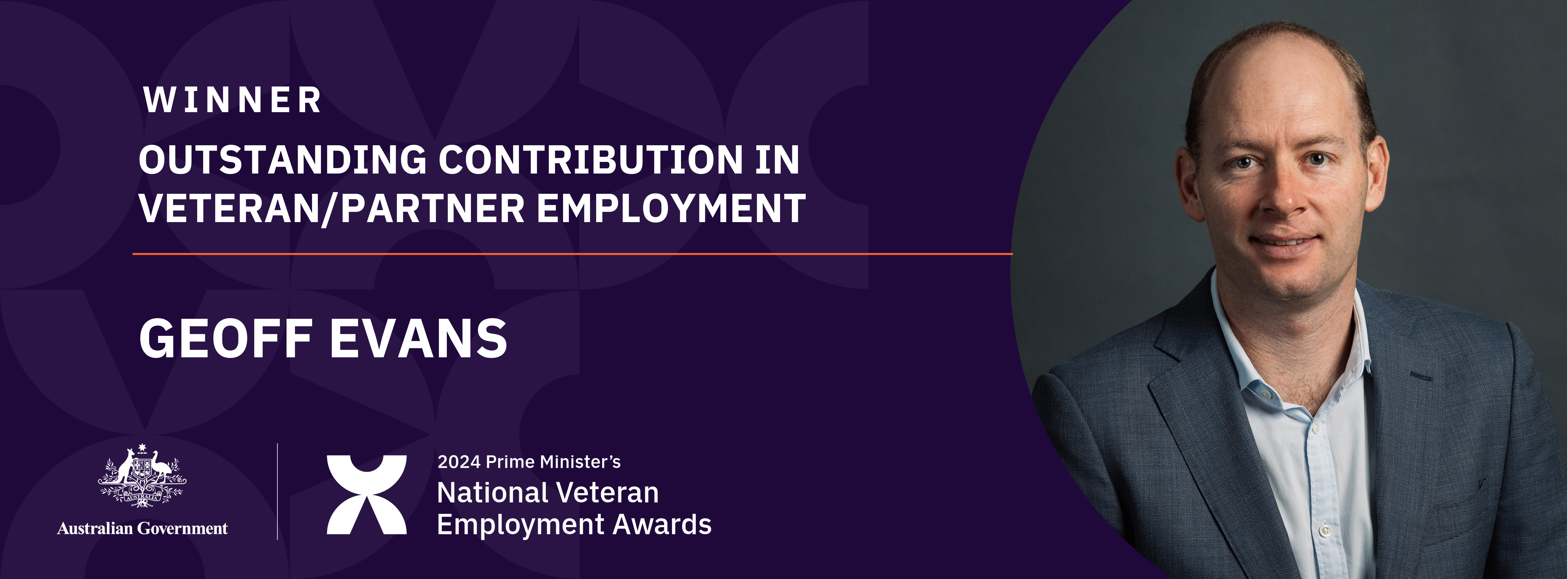 White text on dark purple background: winner - outstanding contribution in veteran/partner employment - Geoff Evans