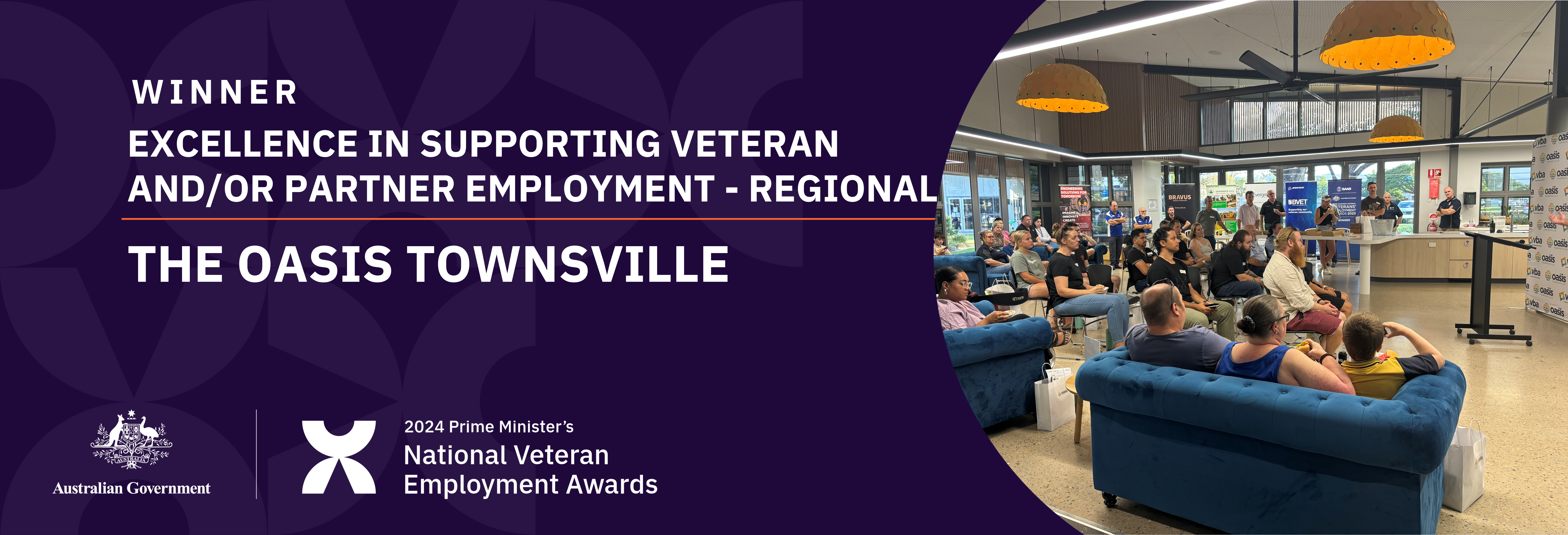 White text on purple background: Winner: Excellence in supporting veteran and/or partner employment - regional - The Oasis Townsville