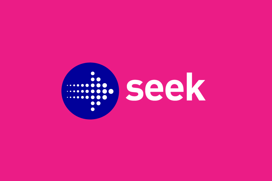 seek in white text, with a blue and white logo against a bright pink background