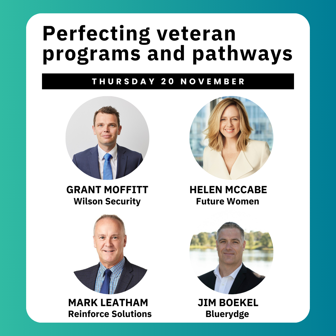 Title: Perfecting veteran programs and pathways with headshots of four smiling professionals: Grant Moffitt, Helen McCabe, Mark Leatham and Jim Boekel